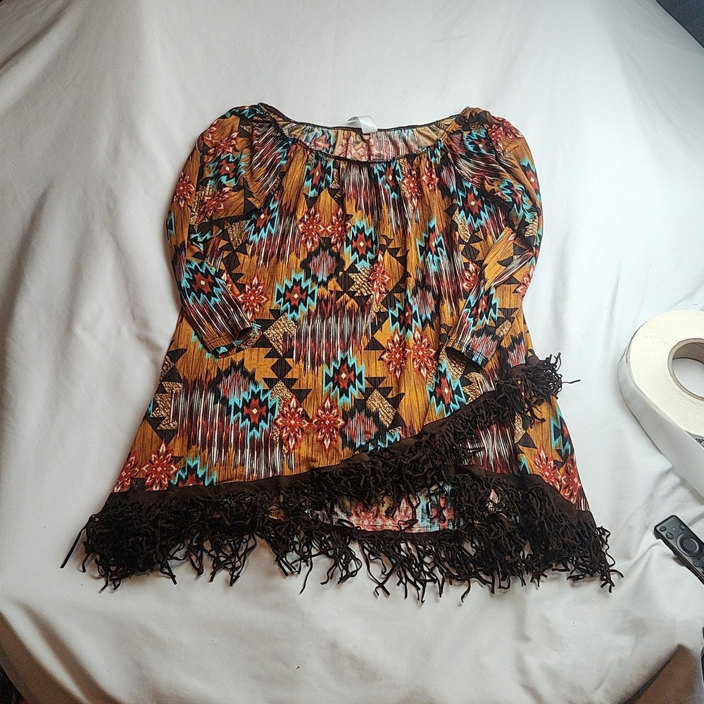 Honeyme Boho Top Aztec Print Long Sleeve Fringe Brown Women's Size Small